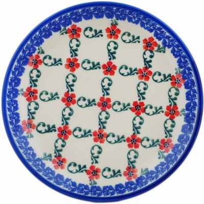 Polmedia Polish Pottery Dessert Plate - Red Flower Lattice Pattern Handmade in Boleslawiec Poland by Ceramika Dalia + Certificate of Authenticity
