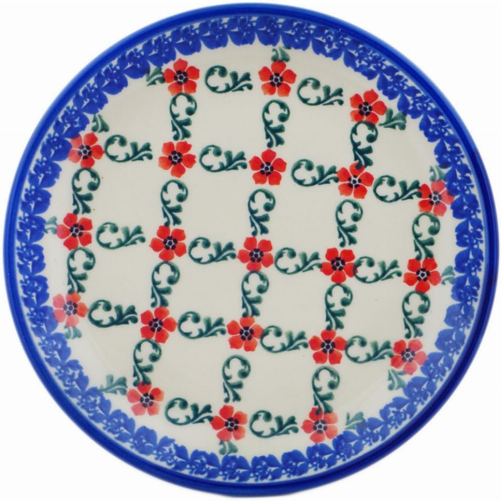 Polmedia Polish Pottery Dessert Plate - Red Flower Lattice Pattern Handmade in Boleslawiec Poland by Ceramika Dalia + Certificate of Authenticity
