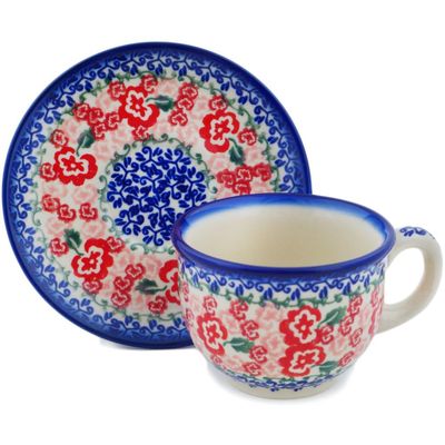 Polmedia Polish Pottery Cup with Saucer - Fluctuating Pansy's Pattern Handmade in Boleslawiec Poland by Ceramika Bona + Certificate of Authenticity