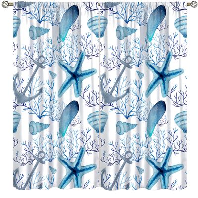 Blue Ocean Beach Decor Bedrooms CurtainsNautical Coastal Fish Beachy Summer Animal Seashell Kids Theme Bedroom Living Room Window Drapes 55" W X 63" L