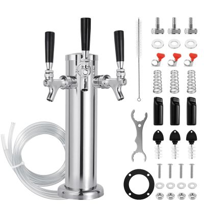 Dbgogo All Stainless Steel Triple Tap Draft Beer Tower, 3 Flange Self-Closing Beer Tap Tower Kegerator Tower Keg Tap Dispenser 1/4'' Barb Fitting Kit for Kegerator Countertop Installation