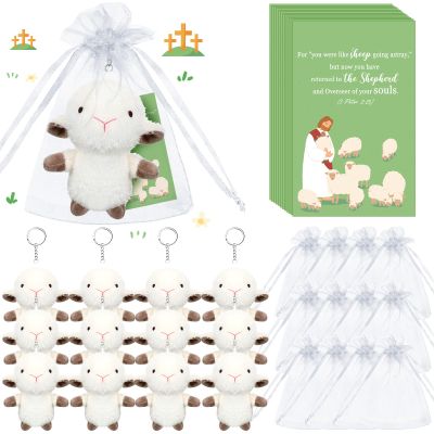 HyDren 12 Set Easter Plush Keychain Gifts 4.72 Inch Cute Stuffed Animal Pray Cards with Organza Bags for Baptism Jesus Gifts Easter Party Favors(Sheep)