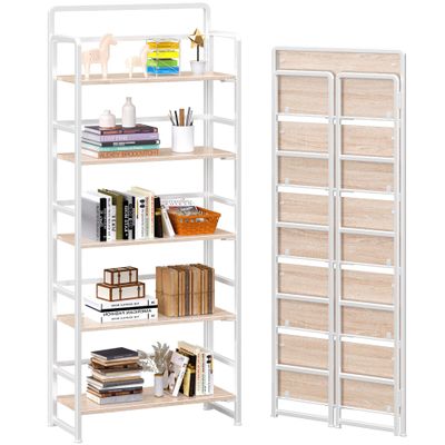 4NM No Assembly 5 Tiers Folding Bookshelf Storage Shelves Vintage Bookcase Standing Racks Study Organizer Home Office (Natural White)