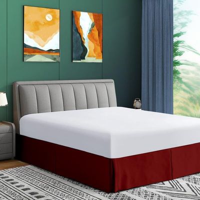 Drona Bedding King Size Bed Skirt Burgundy Box Pleat Bedskirt with 18"" Drop Length- Pure Cotton 600 TC Premium Finish with Split Corner, Light Weight, Cooling Bed Skirt (76 X 80) King