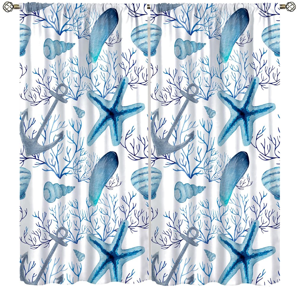 Blue Ocean Beach Decor Bedrooms CurtainsNautical Coastal Fish Beachy Summer Animal Seashell Kids Theme Bedroom Living Room Window Drapes 84" W X 84" L