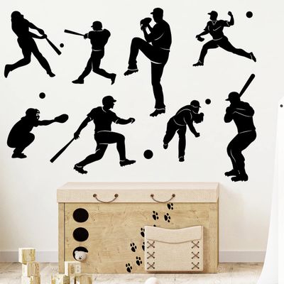 WOYINIS Removable Baseball Player Silhouette Wall Decals Baseball Sports Wall Stickers Peel & Stick Boys Teens Bedroom Nursery Playroom Classroom Wall Decor
