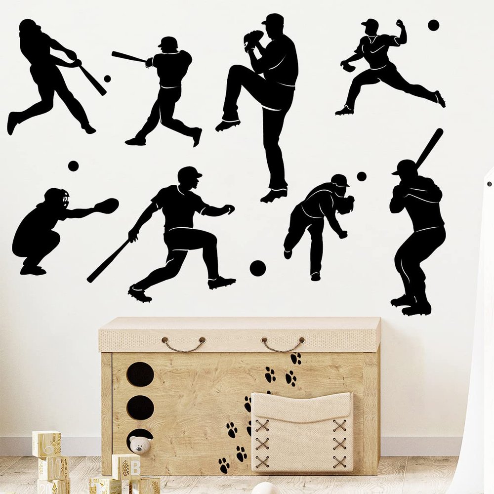 WOYINIS Removable Baseball Player Silhouette Wall Decals Baseball Sports Wall Stickers Peel & Stick Boys Teens Bedroom Nursery Playroom Classroom Wall Decor