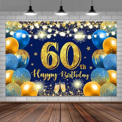 7x5ft Happy 60th Birthday Backdrop, Blue Balloon Birthday Banner, Girls Boys Party Background Decoration