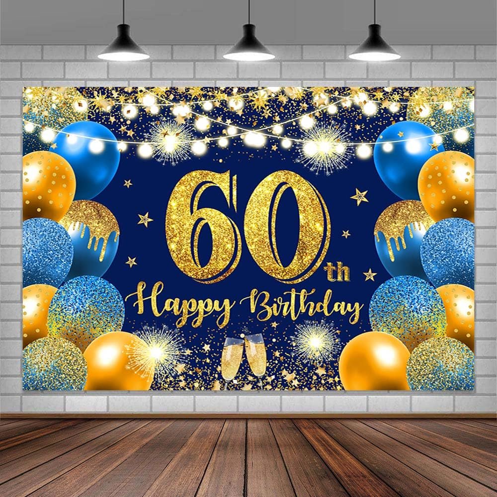 7x5ft Happy 60th Birthday Backdrop, Blue Balloon Birthday Banner, Girls Boys Party Background Decoration