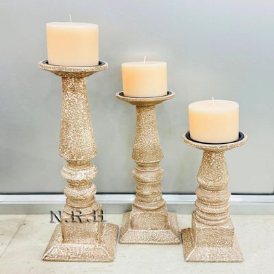 Rustic Wooden Pillar Candle Holders Set of 3, 18'' 15'' 12'' Farmhouse Wood Candle Stand for Table Centerpieces, Vintage Tall Candleholders Fireplace Mantel Decor for Living Room, (Beige)