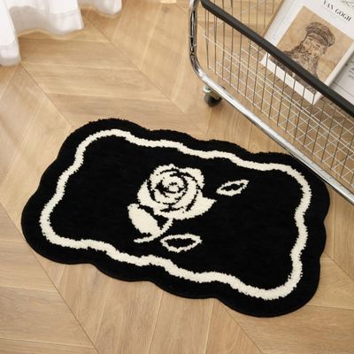 Huilimei Black and White Rose Pattern Bathroom Rug Entry Absorbent Quick-Drying Mat Toilet Door Mat Non-Slip Carpet Toilet Mat