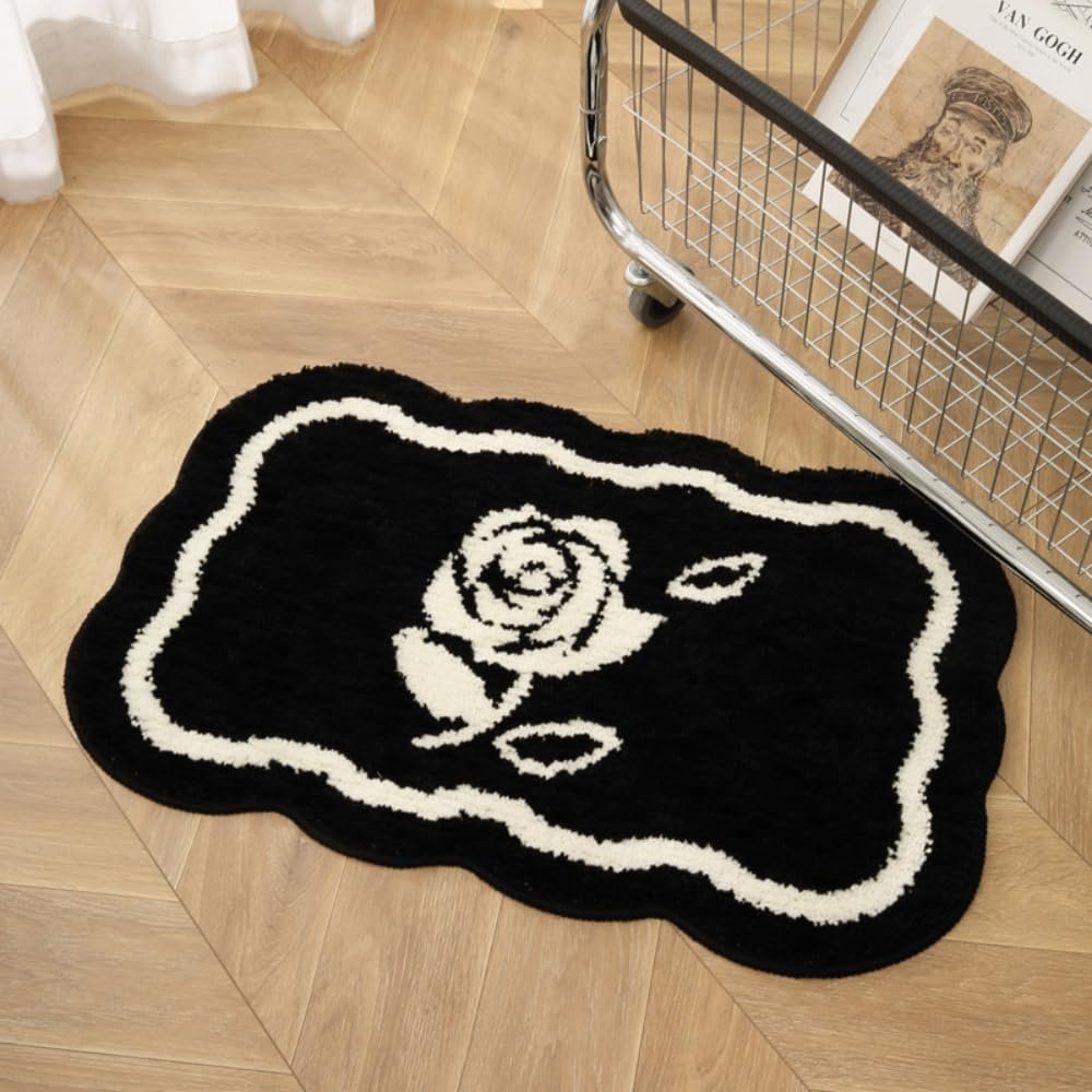 Huilimei Black and White Rose Pattern Bathroom Rug Entry Absorbent Quick-Drying Mat Toilet Door Mat Non-Slip Carpet Toilet Mat