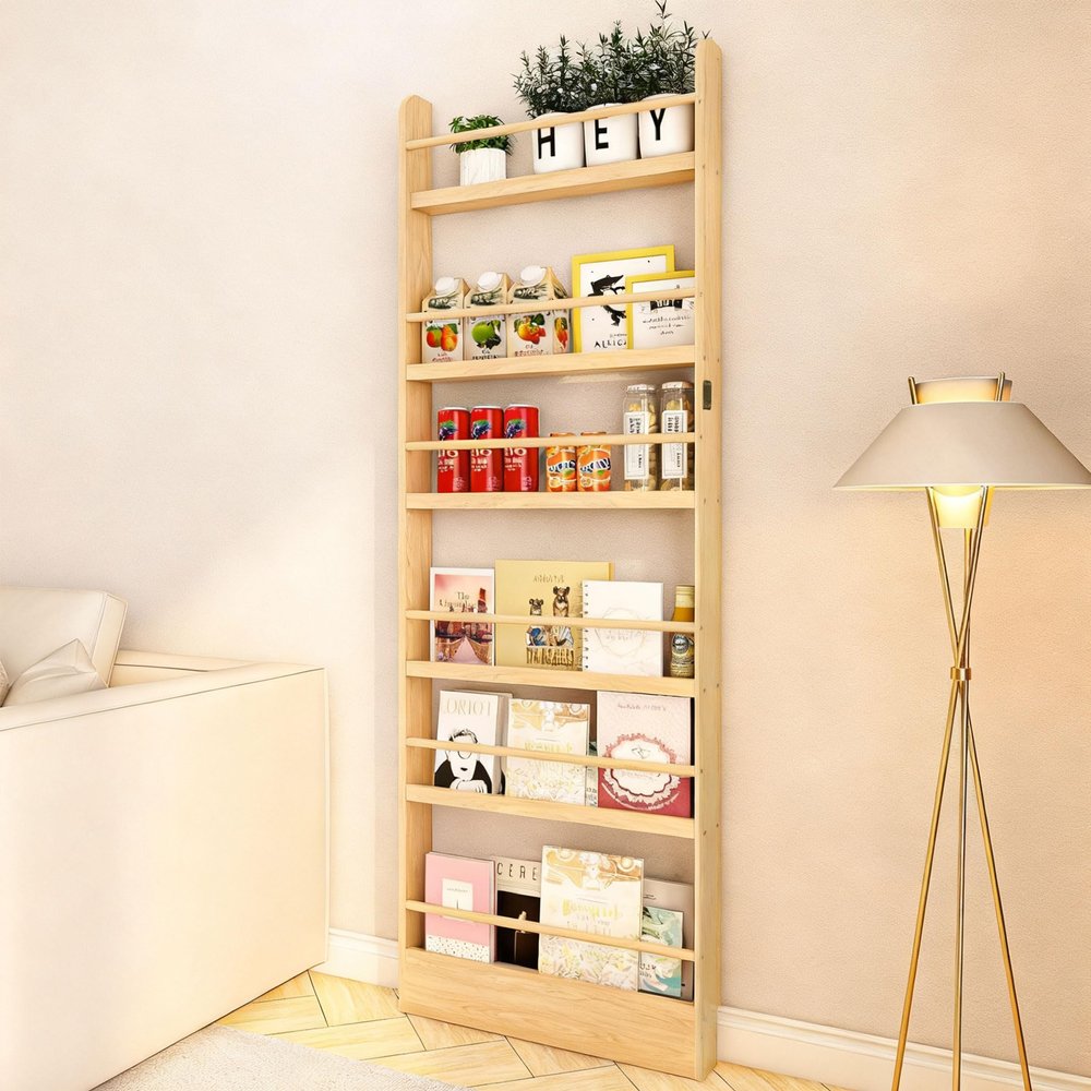 ybaymy Behind The Door Bookshelf, Wooden Kids Bookshelf 6-Tier Organizer for Books and Toy Storage Wall Mount for Adult Space-Saving Book Shelf in Bedroom, Living Room, Playroom Wood