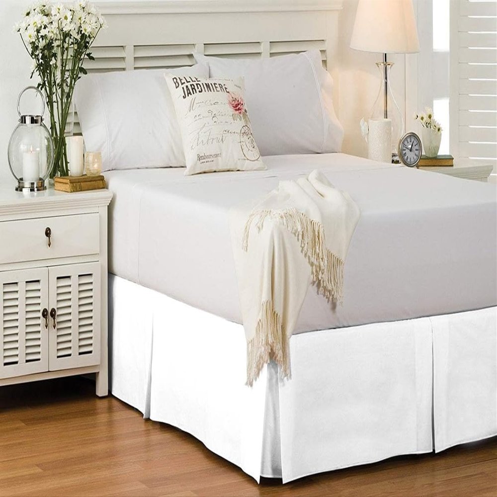 Drona Bedding RV King Size Bed Skirt White Box Pleat Bedskirt with 20"" Drop Length- Pure Cotton 600 TC Premium Finish with Split Corner, Light Weight, Cooling Bed Skirt