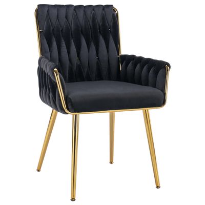 ABET Office Desk Chair No Wheels, Woven Velvet Vanity Chair with Back & Armrest, Comfy Upholstered Cute Gold Metal Legs Makeup Aesthetic Armchair for Girls & Women Bedroom, Nail Spa, Black
