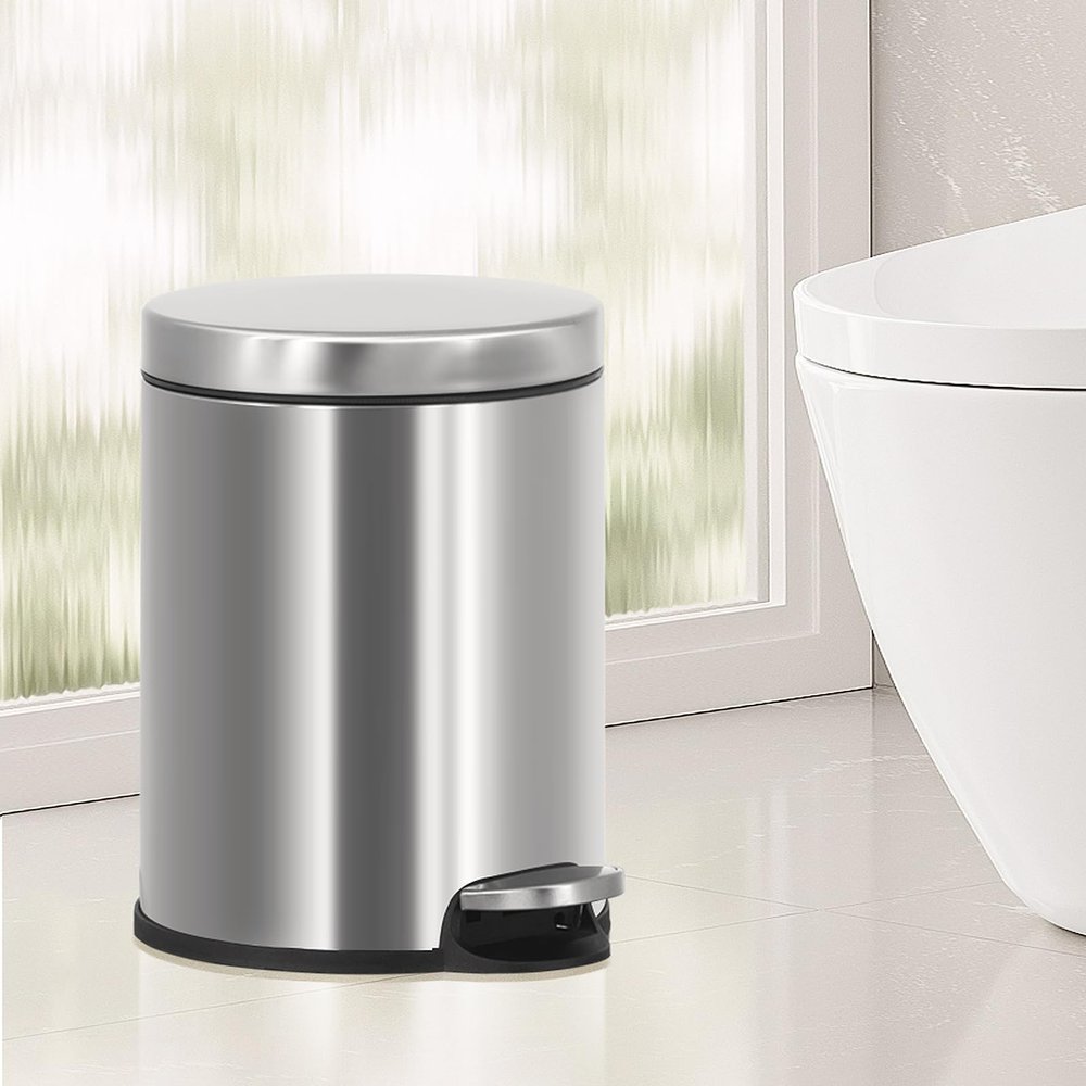 Bigacc Stainless Steel Trash Can Mini Bathroom Trash Can 6L/1.6 Gallon Round Cylinder Soft Close with Foot Pedal Easy to Remove Easy to Clean for Kitchen, Dining Room, Indoors