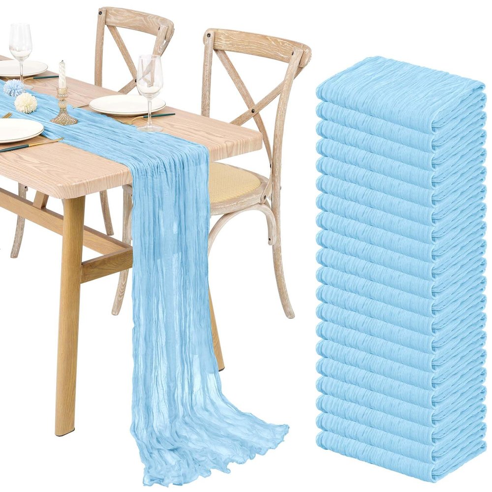 20 Pack Light Blue Cheesecloth Table Runner 10FT, Boho Gauze Table Runner Long Romantic Sheer Fabric Cheese Cloth Table Runners for Wedding Bridal Shower Party Spring Easter Decor(21.5x120Inch)