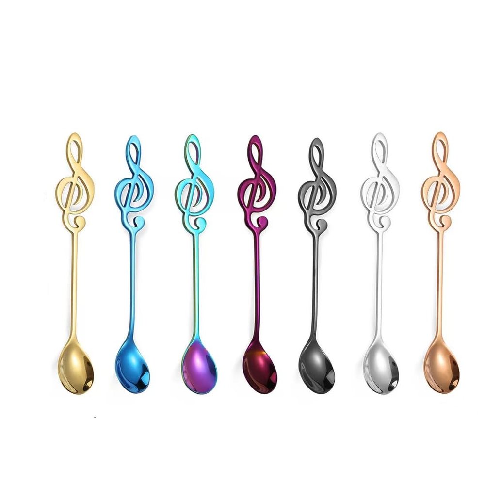 7PCS Guitar Dessert Spoons Coffee Teaspoons Set,Stainless Steel Colorful Musical Note Latte IceCream,Cute Demitasse Tea Scoop for Stirring Drink Home Gifts Deco (Musical Note)