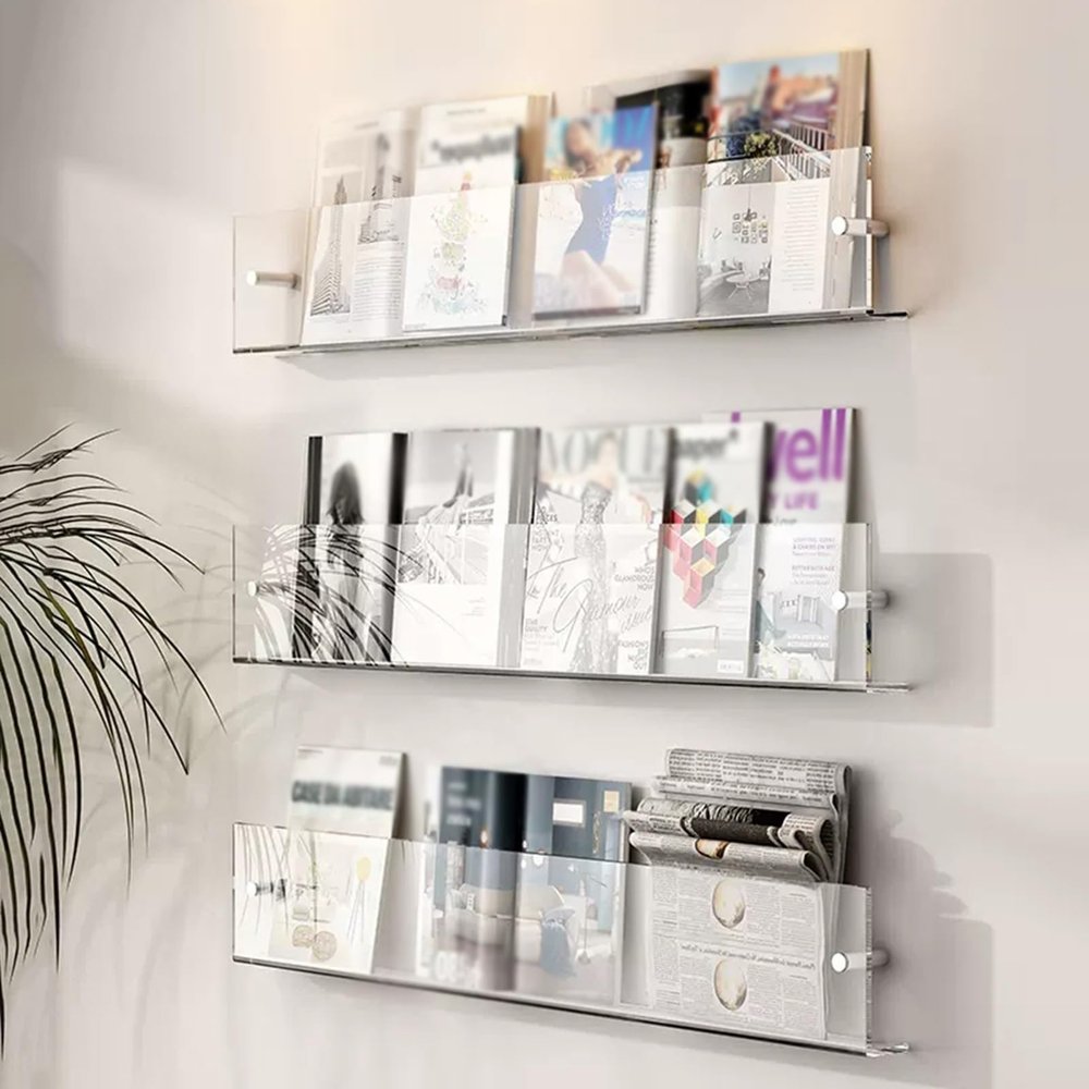 Acrylic Brochure Holder Wall Mount Acrylic Brochure Holder 8.5 X 11 Wall Mount, Transparent Wall Storage Rack for Record, Magazines, Files, Newspapers and Literature, Nursery Room Hanging Bookshelf (