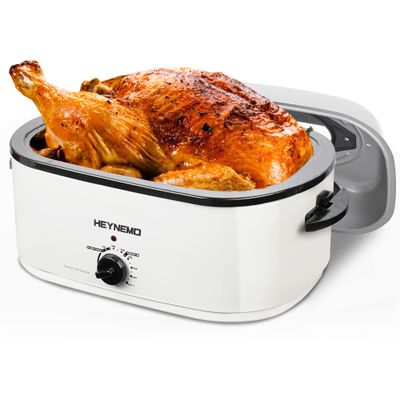 26Qt Turkey Roaster Oven Buffet with Self-Basting Lid, 1450W Stainless Steel Electric Roaster Oven with Cool-Touch Handles, Removable Pan and Rack, White