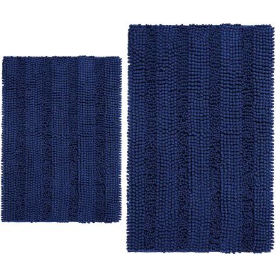 Grandaily Chenille Striped Bathroom Rugs, Bath Rug Size 24x16+30x20 in Navy, 2 Item Bundle