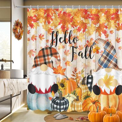 MEHOFOND Fall Gnome Shower Curtain Hello Fall Pumpkin Maple Leaves Buffalo Check Plaid Shower Curtain for Bathroom Autumn Harvest Thanksgiving Sunflower Home Bathtub Decor Waterproof Fabric 72x72 Inch