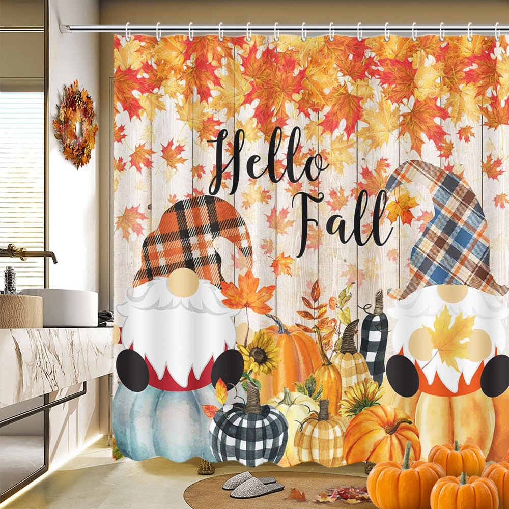 MEHOFOND Fall Gnome Shower Curtain Hello Fall Pumpkin Maple Leaves Buffalo Check Plaid Shower Curtain for Bathroom Autumn Harvest Thanksgiving Sunflower Home Bathtub Decor Waterproof Fabric 72x72 Inch