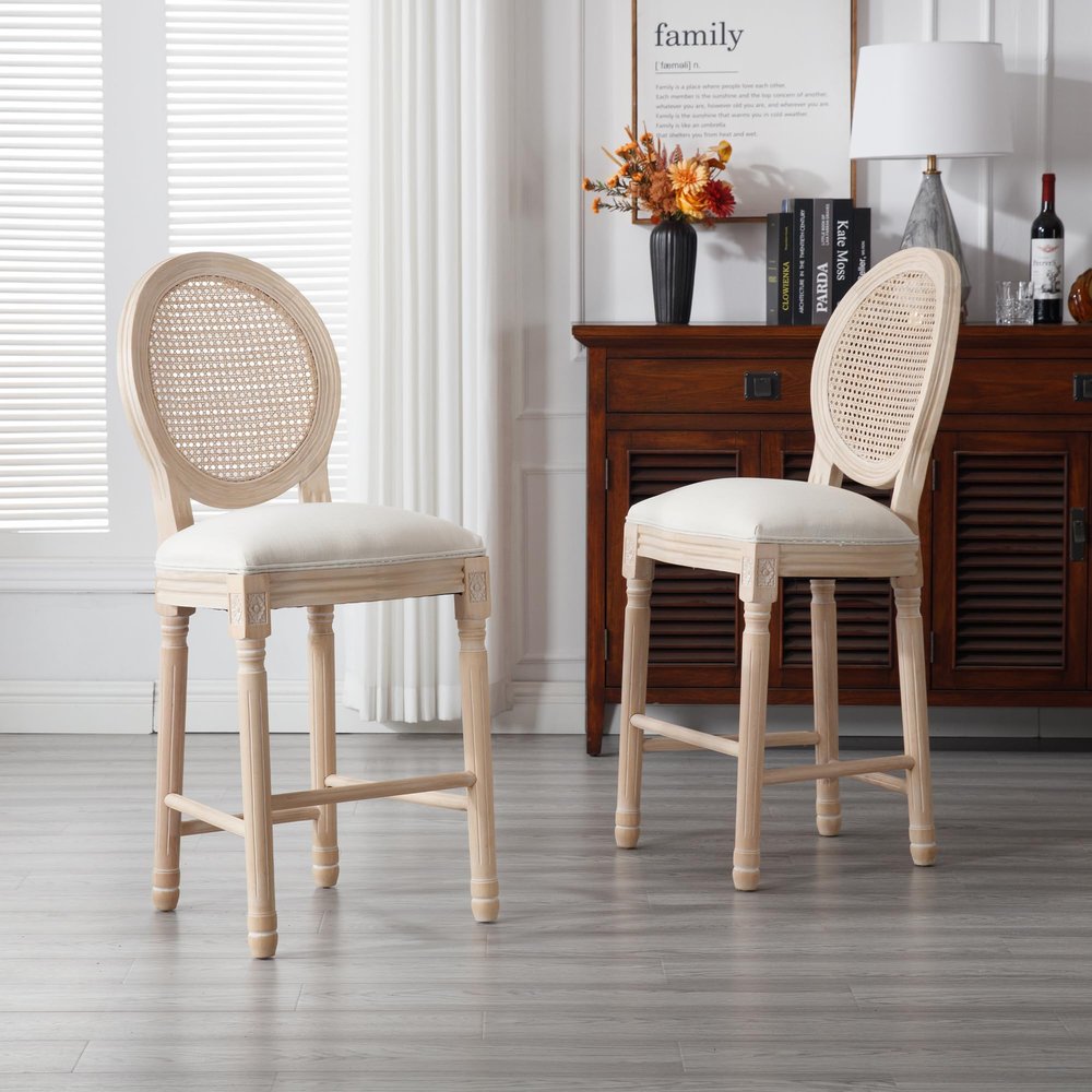 Lierpit Solid Wood Bar stools Set of 2, Classic French Country Wooden Barstools with Upholstered Seating, 26 Kitchen Bar Stool for Bar Counter (Rattan - Beige, 26")