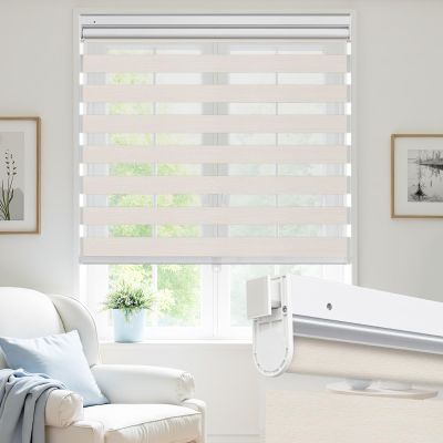 UrMoon No Drill Zebra Blinds No Tools Zebra Shades Cordless Roller Shades for Windows Dual Layer Roller Blinds Room Darkening Custom Size for Indoor, 80% Blackout Beige, 29" W x 60" H