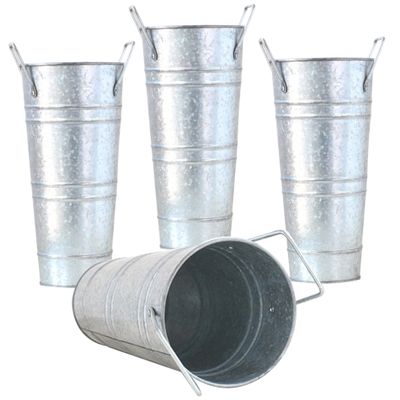 Galvanized Vases 4Pcs Galvanized Bucket with Handles 9 Inch Tall Metal Flower Vases for Flower Arrangement, Table Centerpiece, Wedding Decorations Silver, Galvanized Vase
