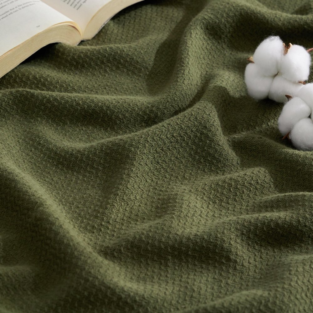 Bedsure GentleSoft 100% Cotton Large Throw Blanket for Couch 50x70 inches - Breathable and Lightweight, Soft Cozy Herringbone Woven Cotton Throw for Summer, Olive Green Office Chair Blanket