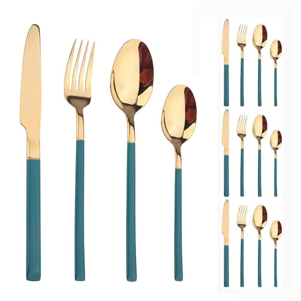 Royal Shang Youpin Plating Process Kitchen Stainless Steel Silverware Tableware Flatware Cutlery Knives Forks Spoons Set Home Steak Knife Dessert Spoon (Green,16 pieces)
