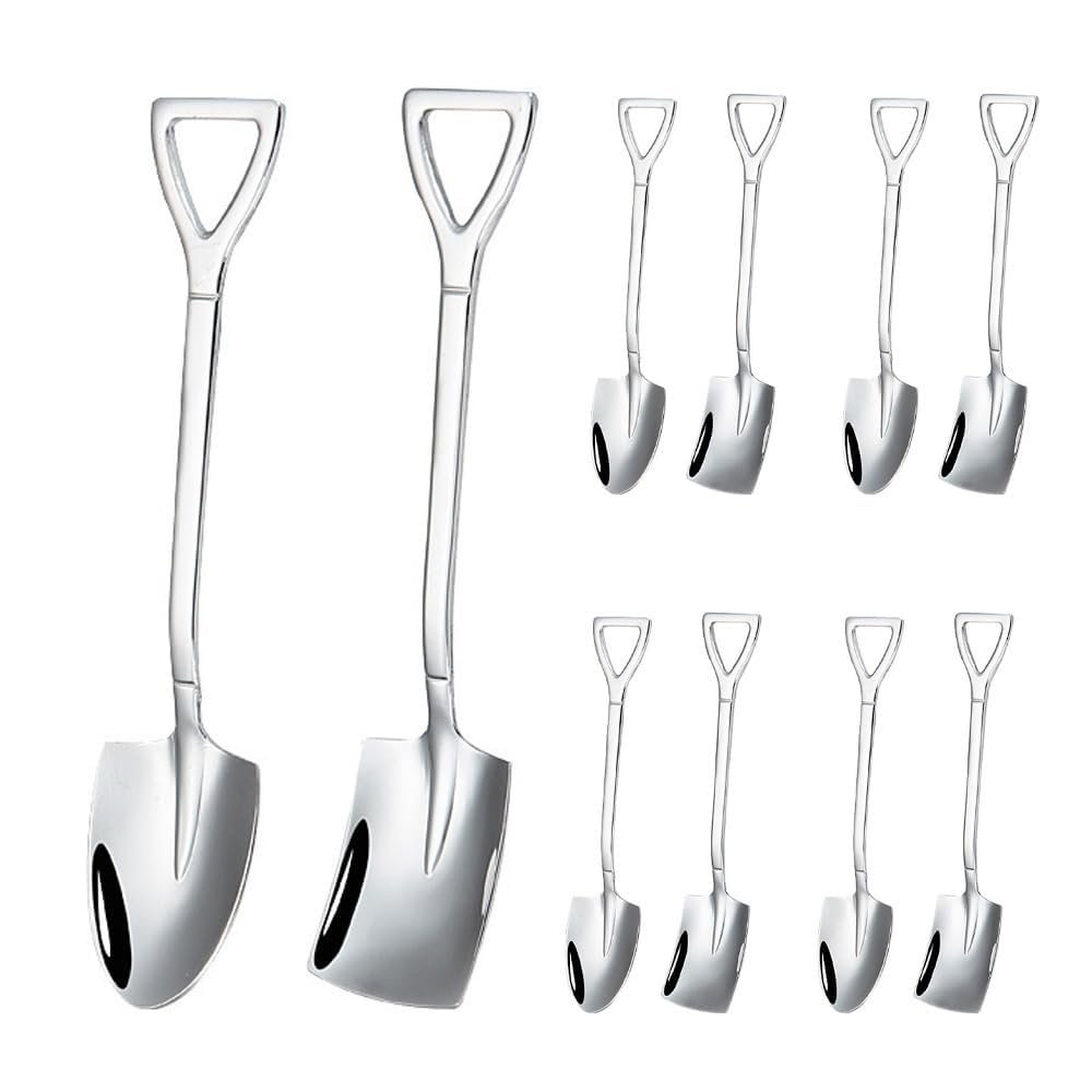 10 Pieces Retro Shovel Coffee Spoon Stainless Steel Silverware Dessert Spoon Watermelon Spoon Ice Cream Cake Spoon (Silver,10 pieces)