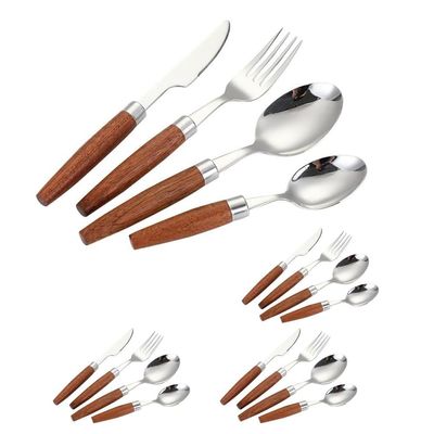 Unique Wooden Handle Kitchen Stainless Steel Silverware Tableware Flatware Cutlery Set Steak Knife Fork Spoon Teaspoon (Silver,16 pieces)