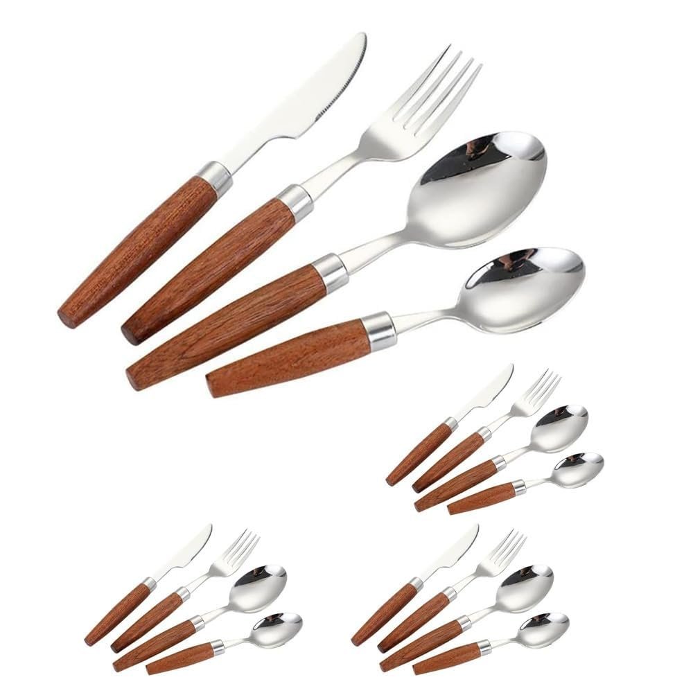 Unique Wooden Handle Kitchen Stainless Steel Silverware Tableware Flatware Cutlery Set Steak Knife Fork Spoon Teaspoon (Silver,16 pieces)