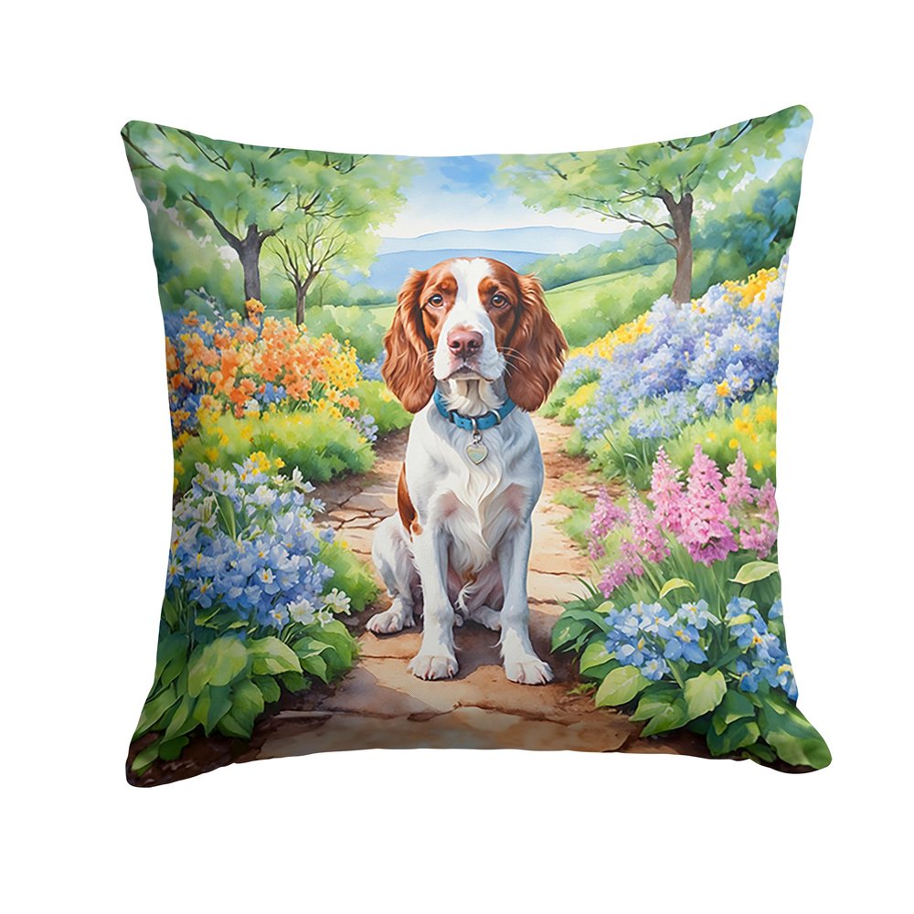 Caroline's Treasures Welsh Springer Spaniel Spring Path Throw Pillow Machine Washable, Indoor Outdoor Decorative Pillow for Couch, Bed or Patio, 14Hx14W