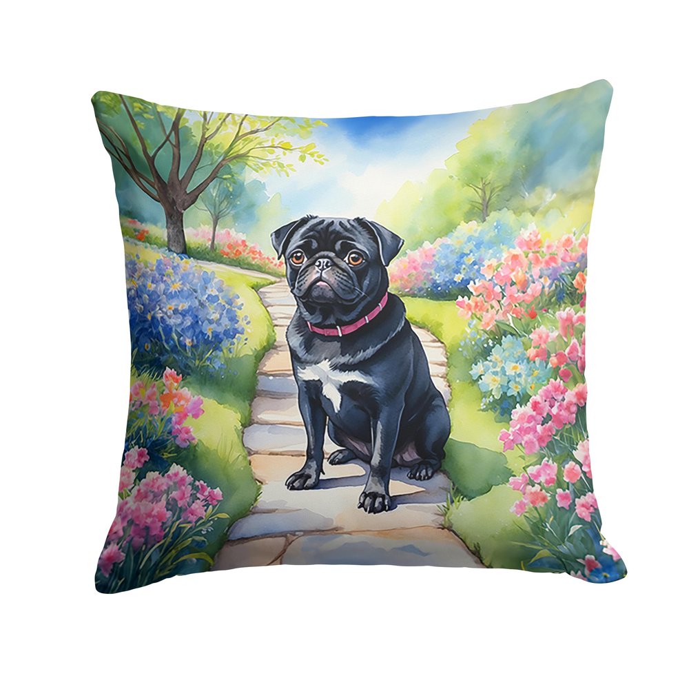 Caroline's Treasures Black Pug Spring Path Throw Pillow Machine Washable, Indoor Outdoor Decorative Pillow for Couch, Bed or Patio, 14Hx14W
