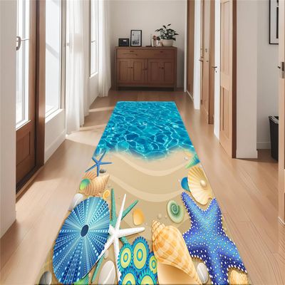 ZLXMN Blue Ocean Starfish Hallway Rug Runners,3.3x7ft,Conch Shell Beach Coastal Runner Rugs Low Pile Thin Bathroom Rug Long Runner Rug for Bedroom,Kitchen Rugs Washable Summer Home Decor Carpet