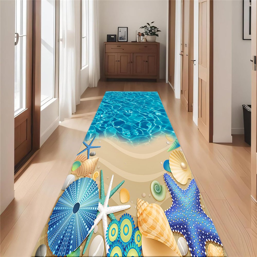 ZLXMN Blue Ocean Starfish Hallway Rug Runners,3.3x7ft,Conch Shell Beach Coastal Runner Rugs Low Pile Thin Bathroom Rug Long Runner Rug for Bedroom,Kitchen Rugs Washable Summer Home Decor Carpet