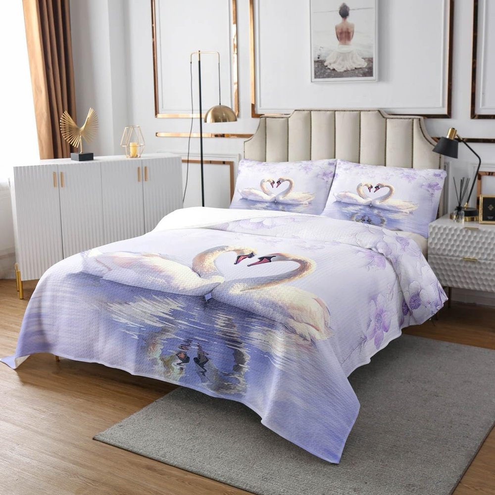 Swan Couple Bedspread Set Queen Size for Kids,Boys Girls Valentine's Day Quilt Set Romantic Love Bedspread Coverlet Purple Flowers Bedspread 3 Piece Decorative Bedding Quilted with 2 Pillow Shams