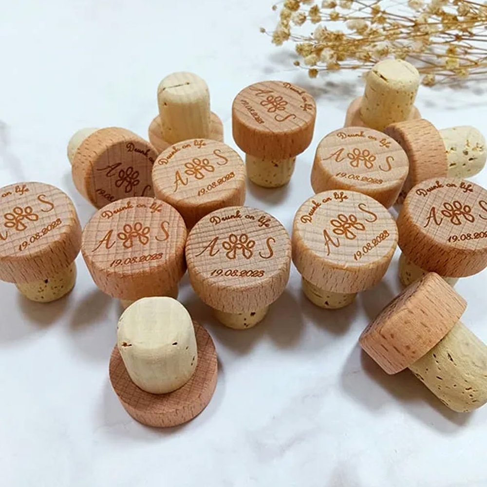 20/50/100/200pcs Personalized Wooden Bottle Stoppers, Custom Wine Cork Stopper Wedding Party Thank You Gift In Bulk For Guests, Customized Bottle Cork Toppers Design Name Gift For Guest (30pcs)