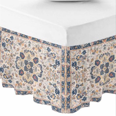 RisQiten Boho Blue Bed Skirt Queen Size 16 Inch Drop, Adjustable Elastic Bedskirt Dust Ruffle for Queen Bed, Southwestern Ethnic Mexican Flowers Retro Wrap Around Bed Skirts Bed Frame Cover