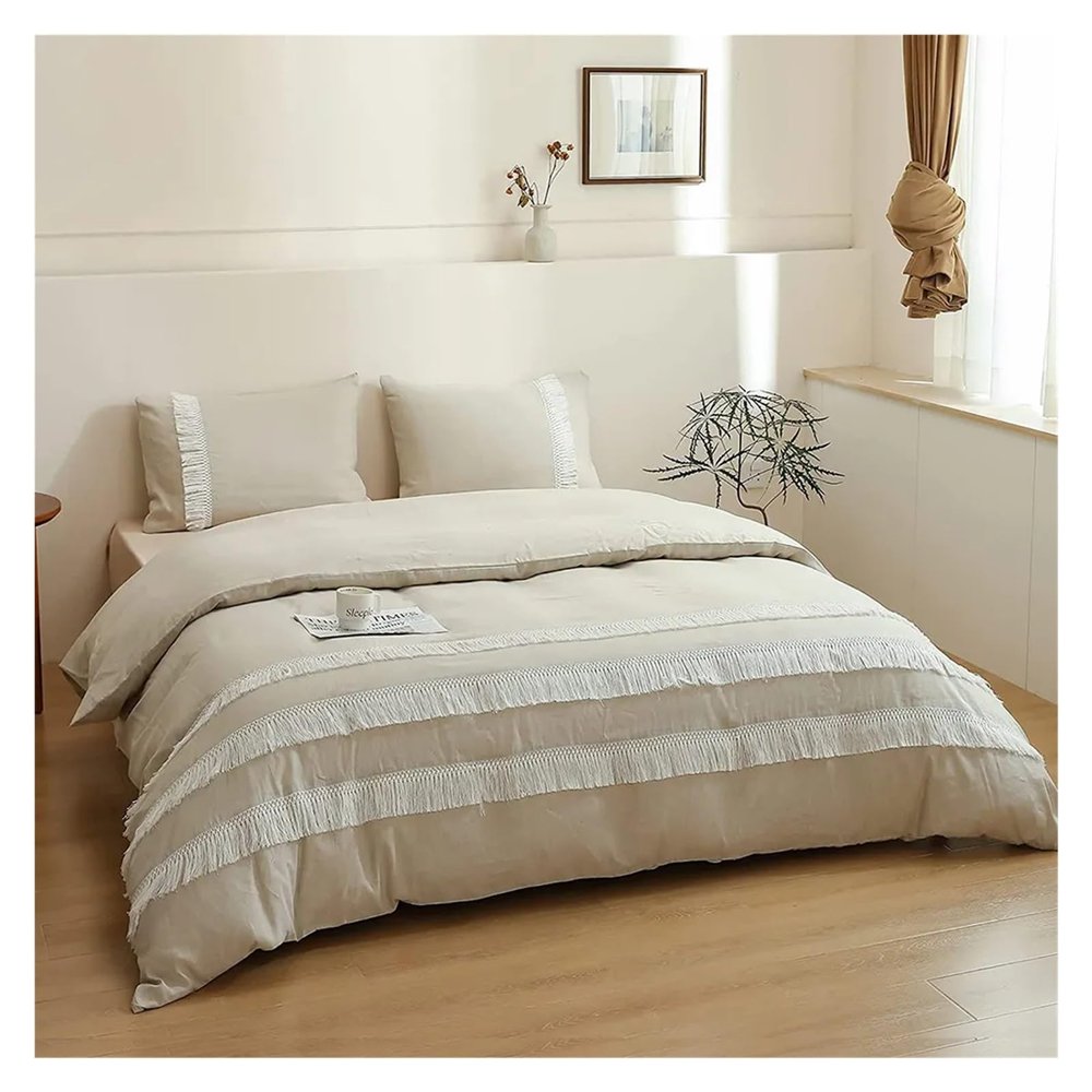 GLAMDIA Bed, Linen Cotton 3 Piece Boho Bedding Set with Tassel Washed Queen Size Breathable Duvet Cover Sheet, MM-102