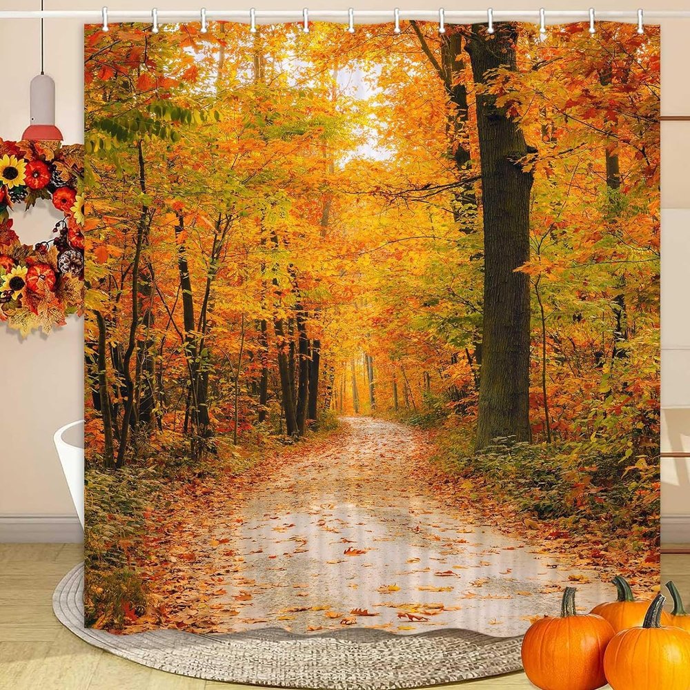 DYNH Fall Forest Shower Curtain, Yellow Fall Landscape Maple Leaves Tree Nature Autumn Season Fabric Shower Curtains for Bathroom, Thanksgiving Autumn Shower Curtain Bath Decor with Hooks