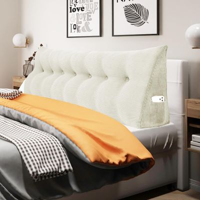 WOWMAX 100% Cotton Corduroy Headboard Pillow  King Size Back Support Reading Wedge for Bed & Daybed, Plush Handmade Bolster Cushion with Removable Cover, Cozy Bed Rest Pillow, White