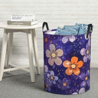 Laundry Basket Large Laundry Hamper Waterproof Dirty Clothes Hamper for Laundry Round Blue Flowers Collapsible Laundry Baskets for Bedroom Bathroom Dorm Clothes Hamper