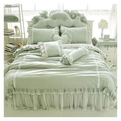 GLAMDIA Bed, Green lace Embroidery Bedding Set Korean Princess Ruffle Cotton Quilt Cover Bedspread Bed Skirt Pillowcase, Full, MM-102