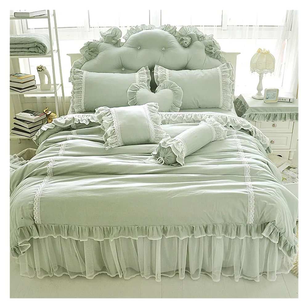 GLAMDIA Bed, Green lace Embroidery Bedding Set Korean Princess Ruffle Cotton Quilt Cover Bedspread Bed Skirt Pillowcase, Full, MM-102