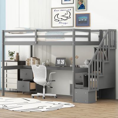 Bekeknlny Modern Twin Size Loft Bed Frame with Storage Staircase and Desk and Shelves, Multifunctional Wood Loft Bed for Bedroom (Gray/Desk, Twin)