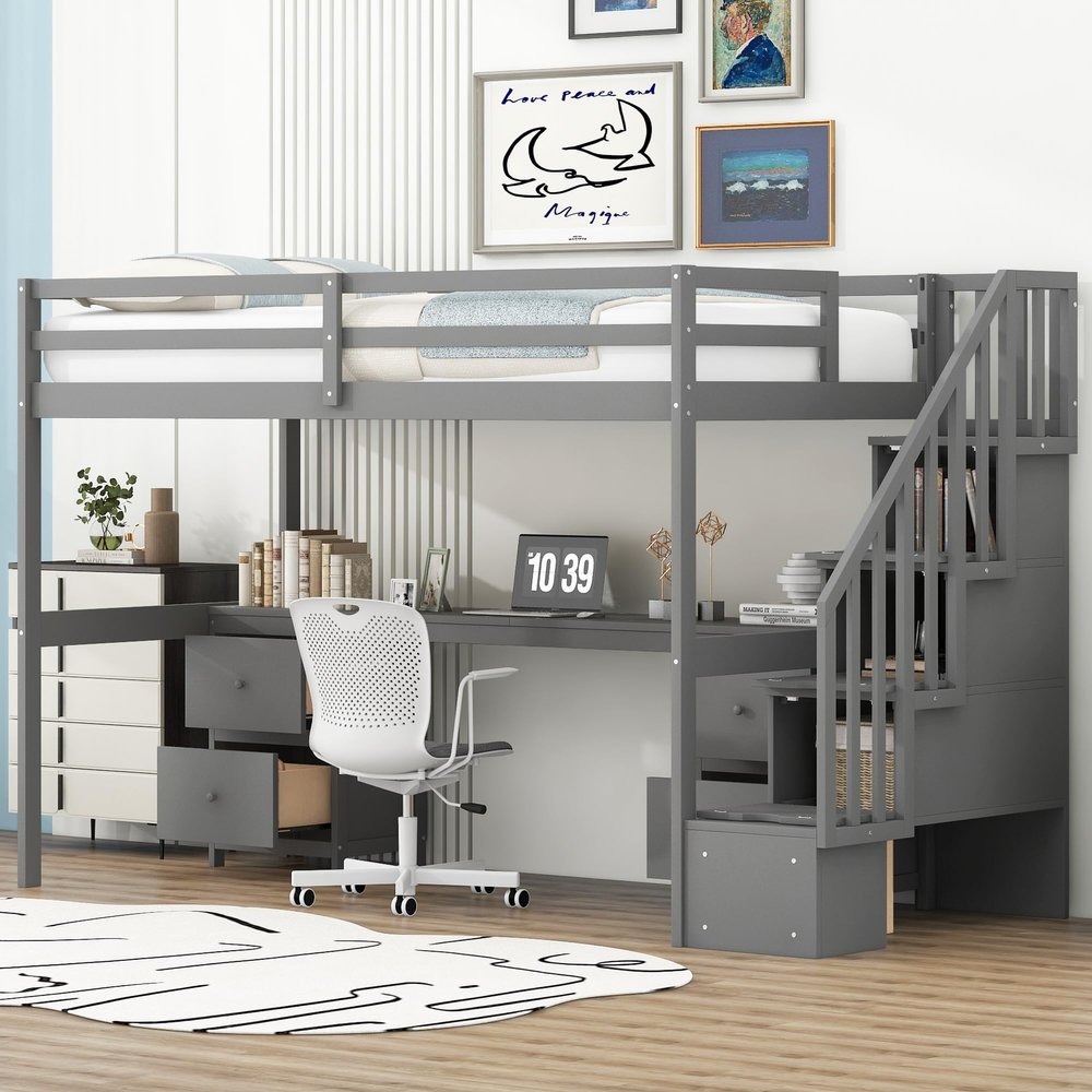 Bekeknlny Modern Twin Size Loft Bed Frame with Storage Staircase and Desk and Shelves, Multifunctional Wood Loft Bed for Bedroom (Gray/Desk, Twin)